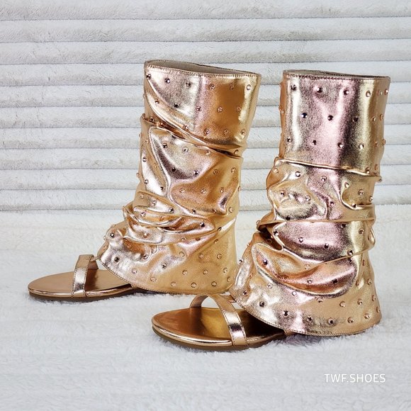 Fabulous Metallic Rose Gold Upper & Rhinestones Sandal Slouch Boots Shooties